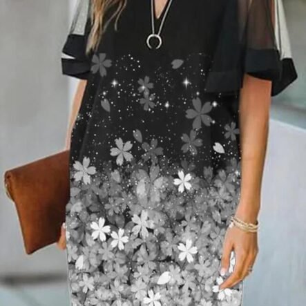 Women's Dresses Printed V-Neck Mesh Panel Short Sleeve Dress
