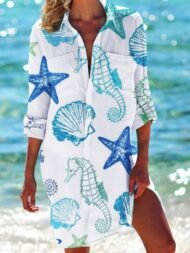 Women's Dresses Starfish Lapel Long Sleeve Shirt Dress - Image 2