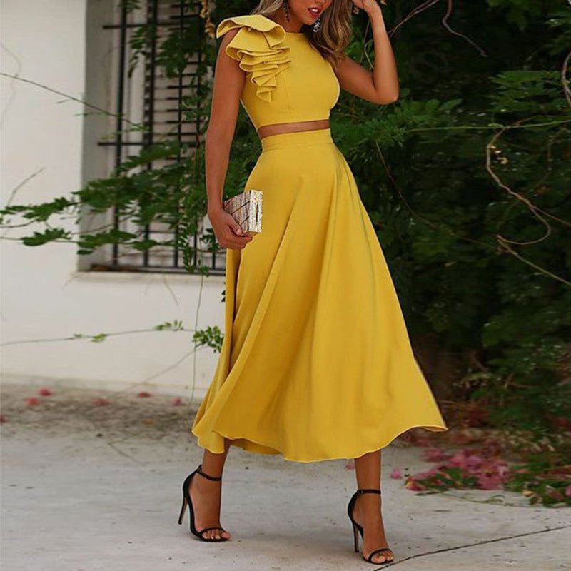 2EC10B15-4E20-B13D-8A53-06B02945A035.jpg Elegant Ruffled Cropped Top And Skirt Two-piece Set - Image 1