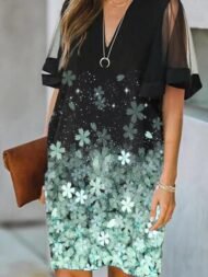 Women's Dresses Printed V-Neck Mesh Panel Short Sleeve Dress - Image 2