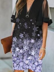 Women's Dresses Printed V-Neck Mesh Panel Short Sleeve Dress - Image 3