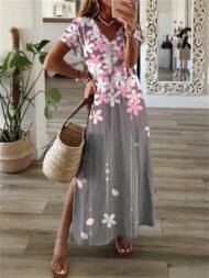 Women's Dresses Printed V-Neck Short Sleeve Slit Dress - Image 3