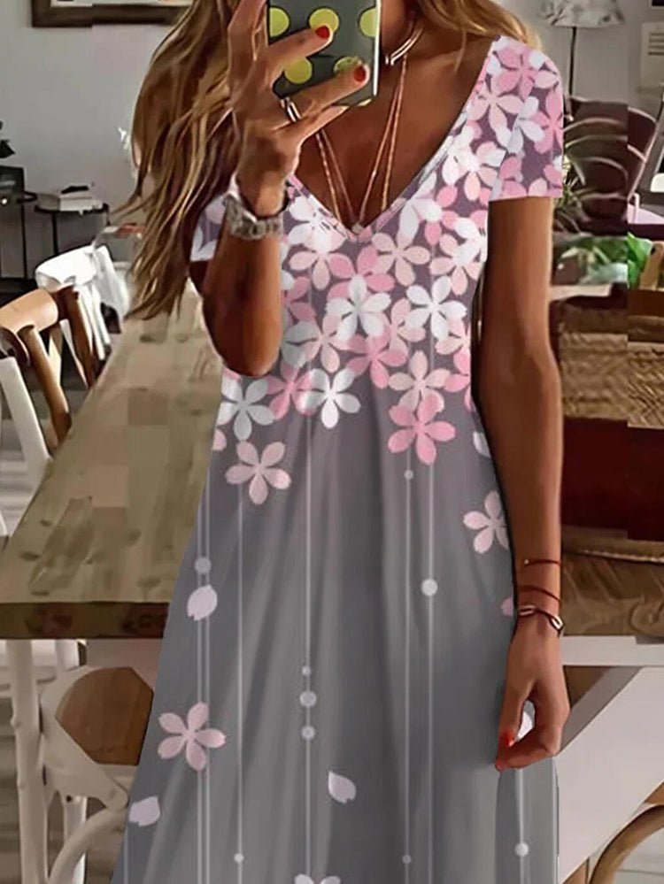 796AE895-074D-B386-E7D9-EC4FE00DE53A.jpg Women's Dresses Floral Print V-Neck Short Sleeve Dress - Image 1