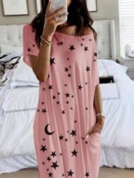 Star And Moon Print Short Sleeve Maxi Dress - Image 8