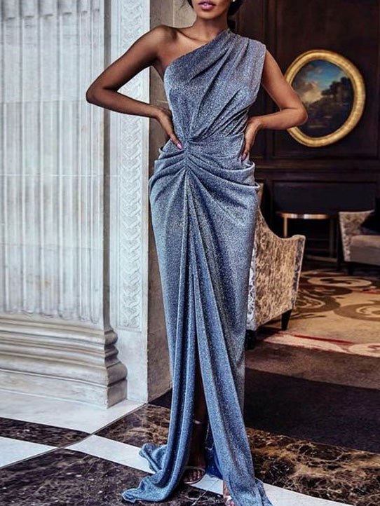 8FB43306-F0AA-E2B4-BC58-55C177A22C40.jpg Women's Dresses Shiny One-Shoulder Sleeveless Split Party Dress - Image 1