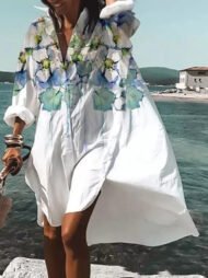 Women's Dresses Loose Lapel Printed Irregular Long Sleeve Shirt Dress - Image 2