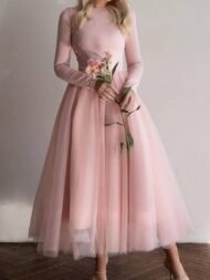 Women's Dresses Crew Neck Mesh Panel Long Sleeve Dress