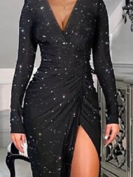 Women's Dresses Deep V-Neck Shiny Long Sleeve Slit Dress - Image 2