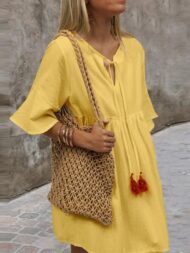 Women's Dresses Loose V-Neck Belted Simple Short Sleeve Dress